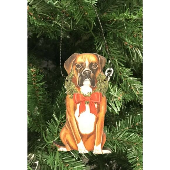 Boxer Dog Christmas Ornament Wreath Red Bow Wood Metal Hanger New - Picture 3 of 4